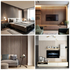 Collage of interior design elements including a bedroom, living room, and entertainment area with decorative wall panels.