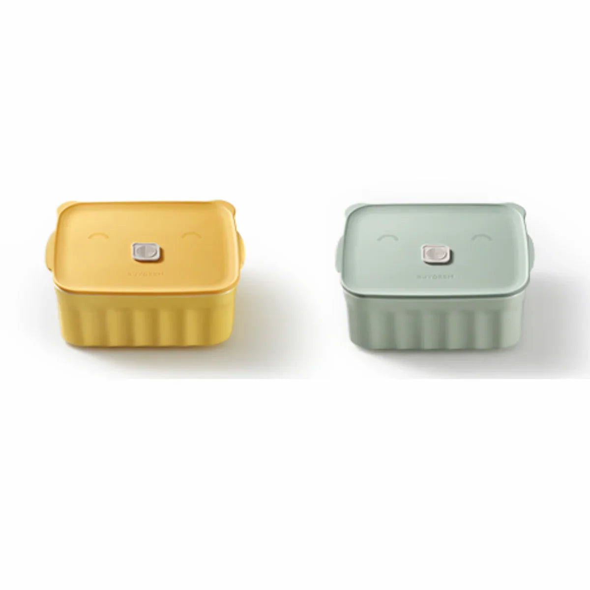 Two square containers, one yellow and one green, on a white background
