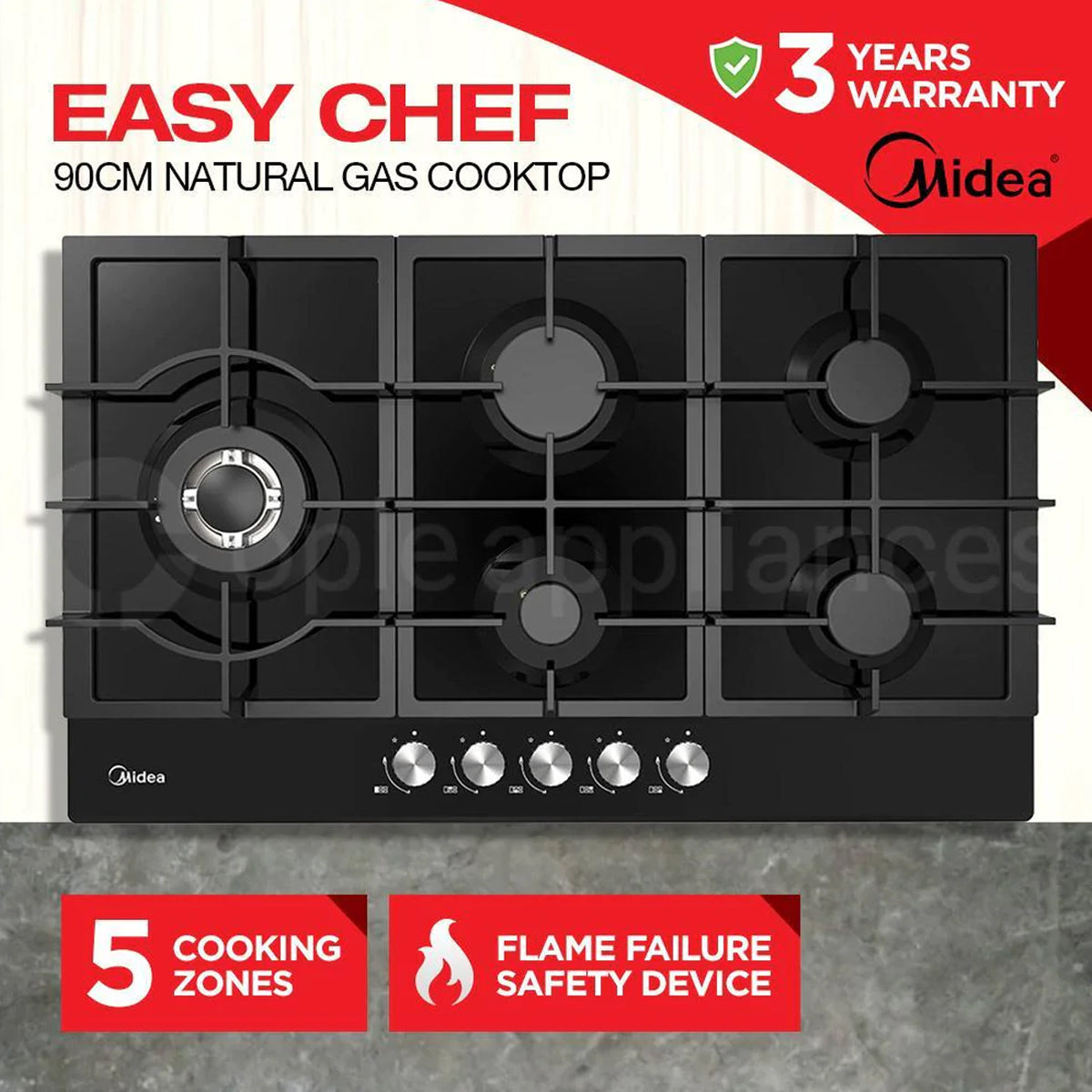 Midea 90cm Gas Glass Cooktop with 5 Burners Black
