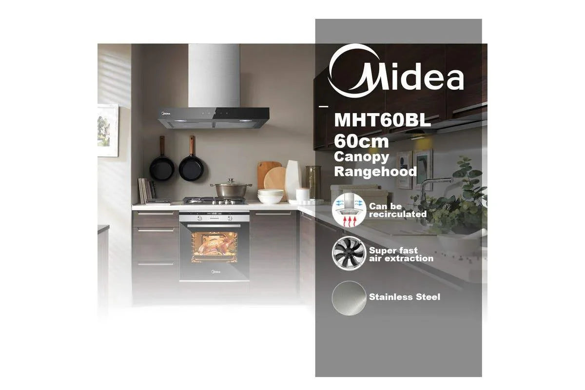 Midea 60cm T 型天篷抽油烟机 - 不锈钢和黑色玻璃面板 Midea 60cm T 型天篷抽油烟机 - 不锈钢和黑色玻璃面板