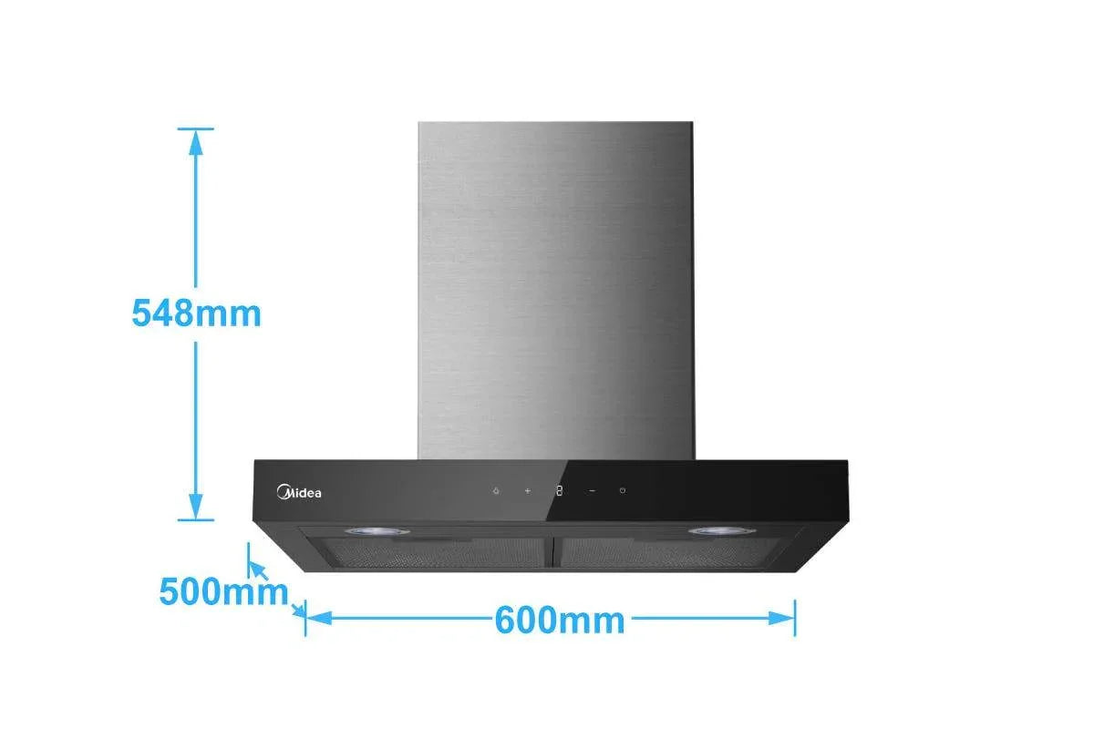 Midea 60cm T 型天篷抽油烟机 - 不锈钢和黑色玻璃面板 Midea 60cm T 型天篷抽油烟机 - 不锈钢和黑色玻璃面板