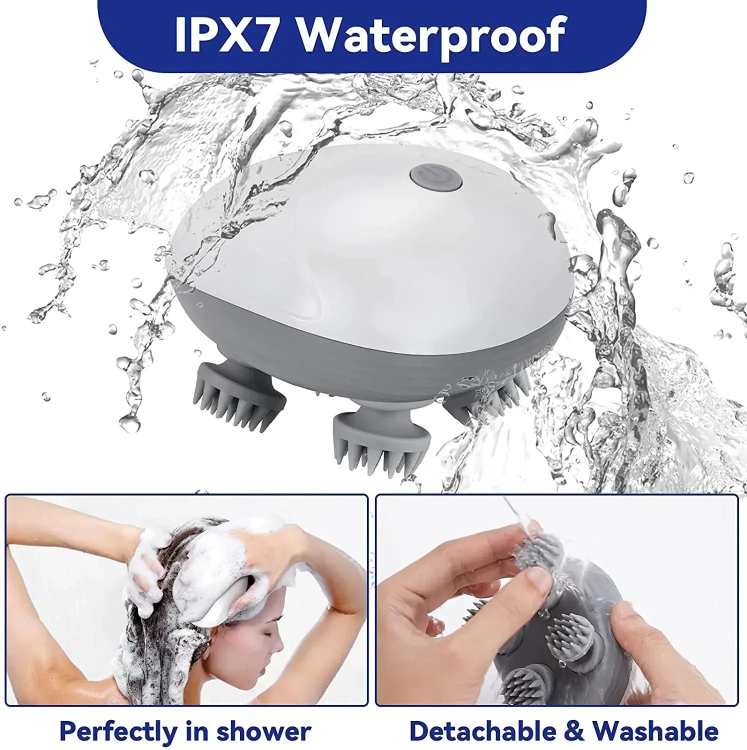 Gray handheld shower massager with water splashes and text indicating IPX7 waterproof rating, detachable, and washable features. Gray handheld shower massager with water splashes and text indicating IPX7 waterproof rating, detachable, and washable features.