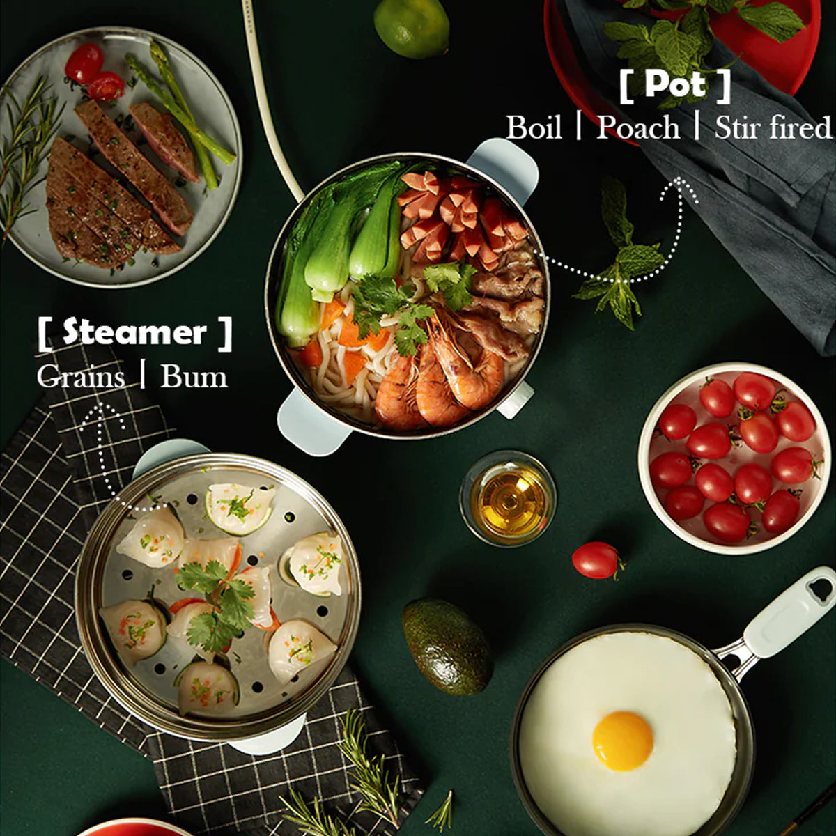 Bear Multifunctional electric hot pot with Steamer