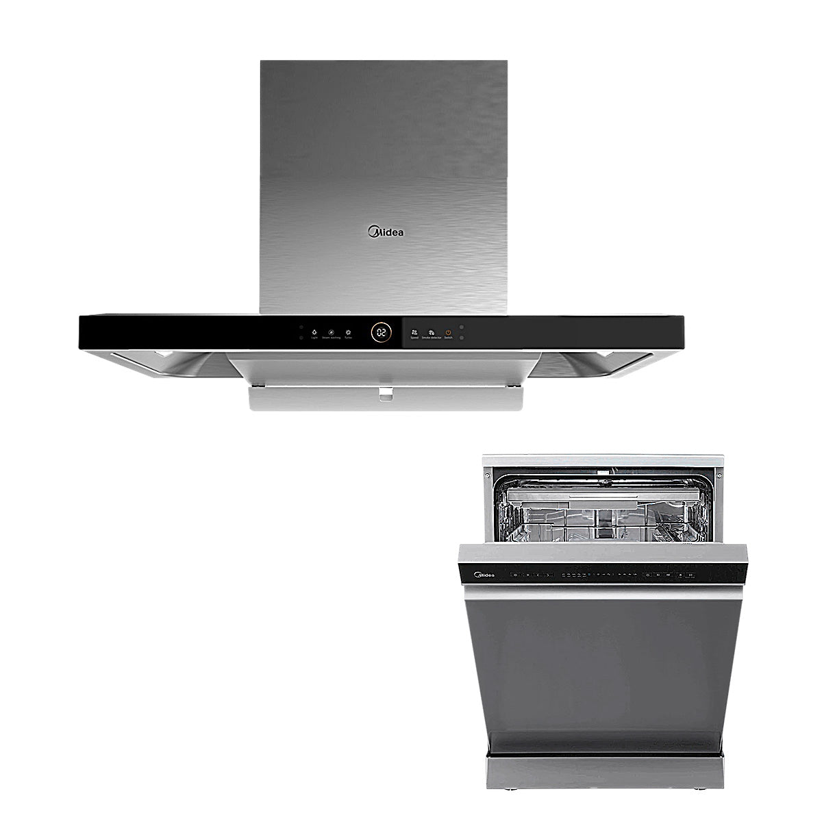 Midea 90cm Black Canopy Rangehood Gesture Control+Midea 60cm Freestanding Dishwasher 9 program wash