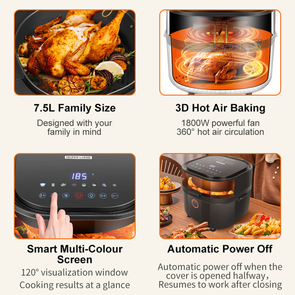 Hoper Layer Air Fryer KZ-75 - 7.5L Capacity, 3D Baking, Holographic Touch Screen