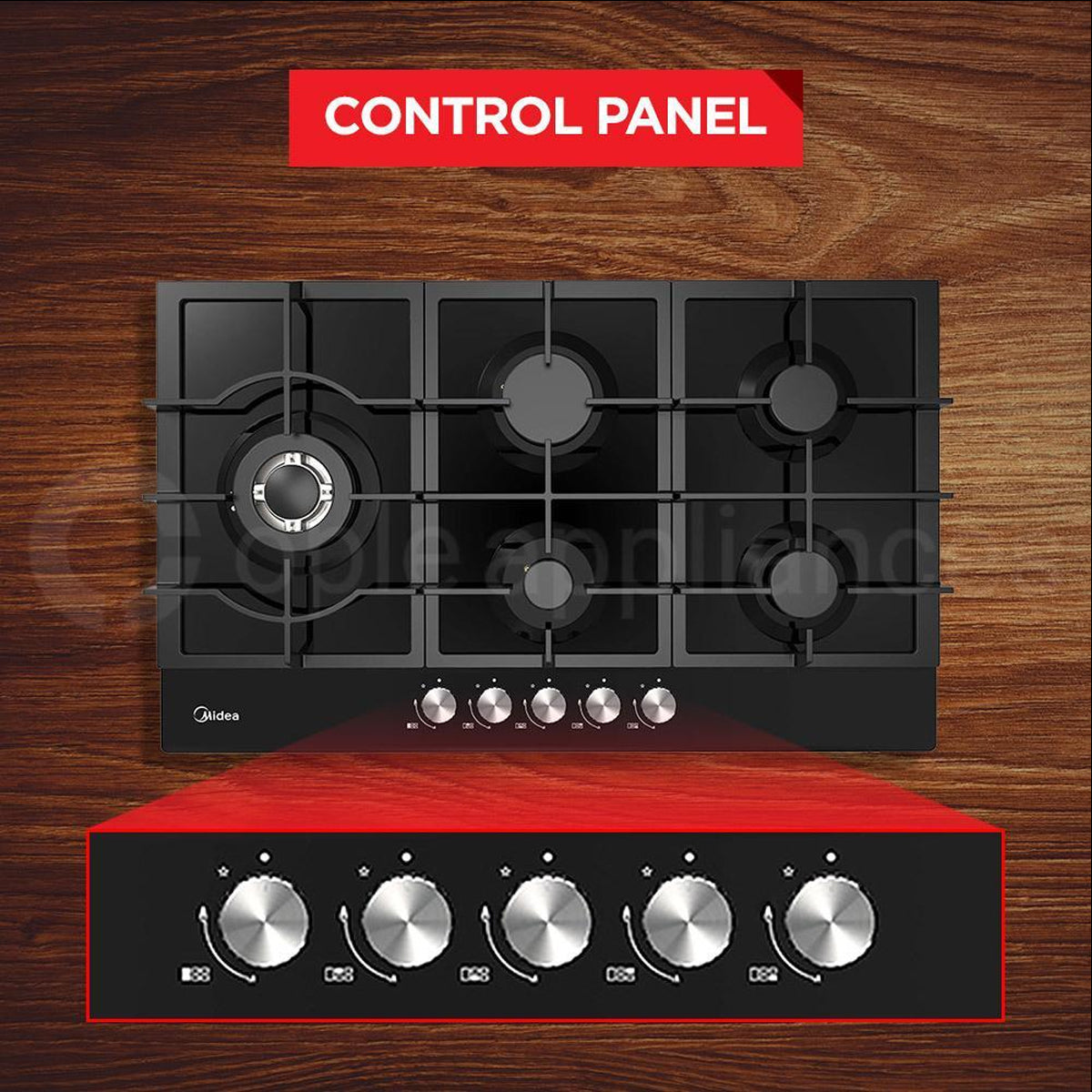 Midea 90cm Black Canopy Rangehood Gesture Control+Midea 90cm Gas Glass Cooktop with 5 Burners Black