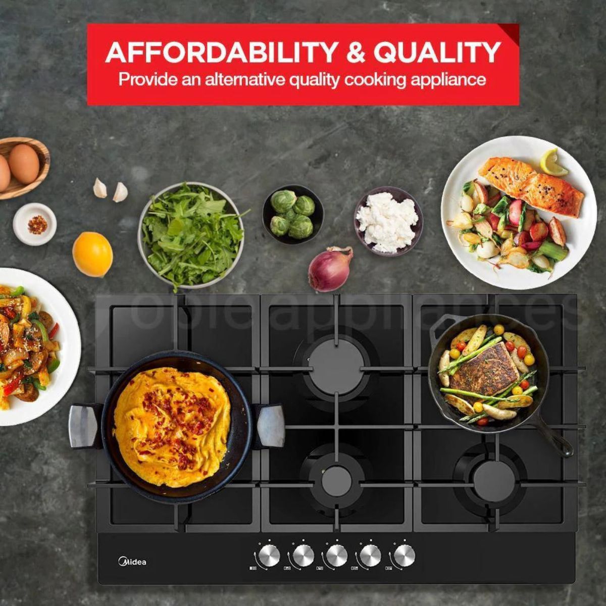 Midea 60cm Freestanding Dishwasher 9 program wash+Midea 90cm Gas Glass Cooktop with 5 Burners Black