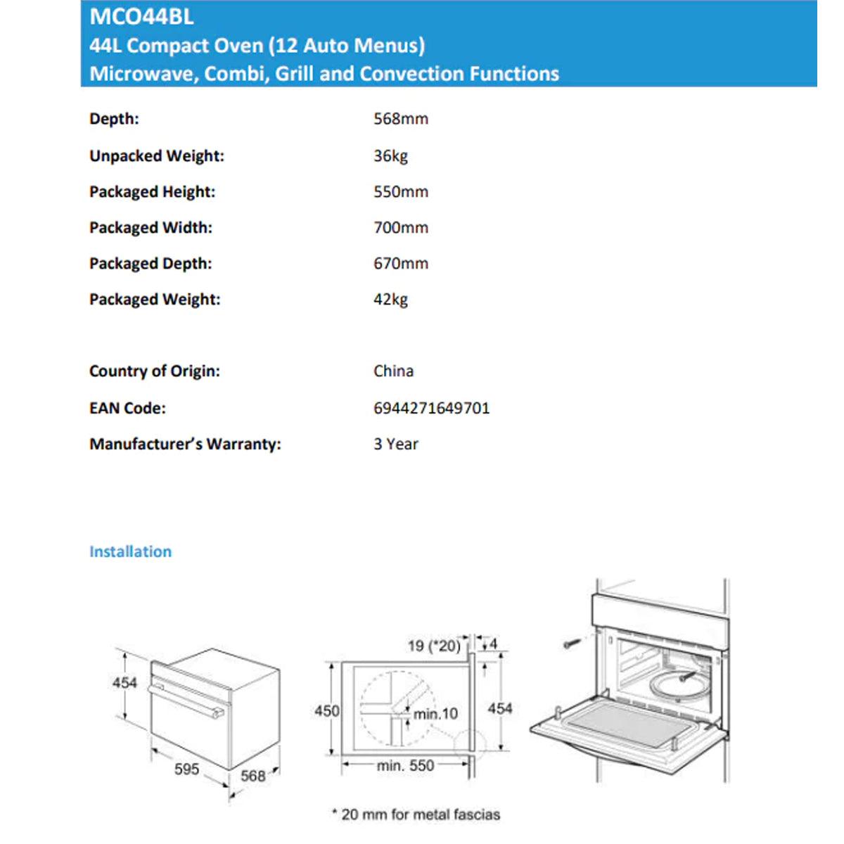 Midea 44L Built-in Compact Digital Touch Control Oven+Midea Warming Drawer