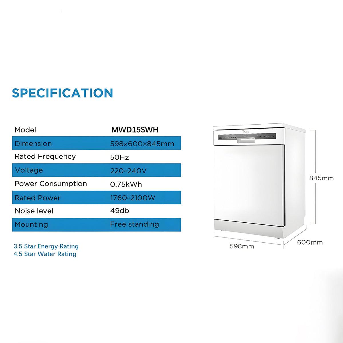 Midea 60cm Freestanding Dishwasher 15 Place Settings 7 Program Wash