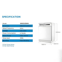 Midea 60cm Freestanding Dishwasher 15 Place Settings 7 Program Wash