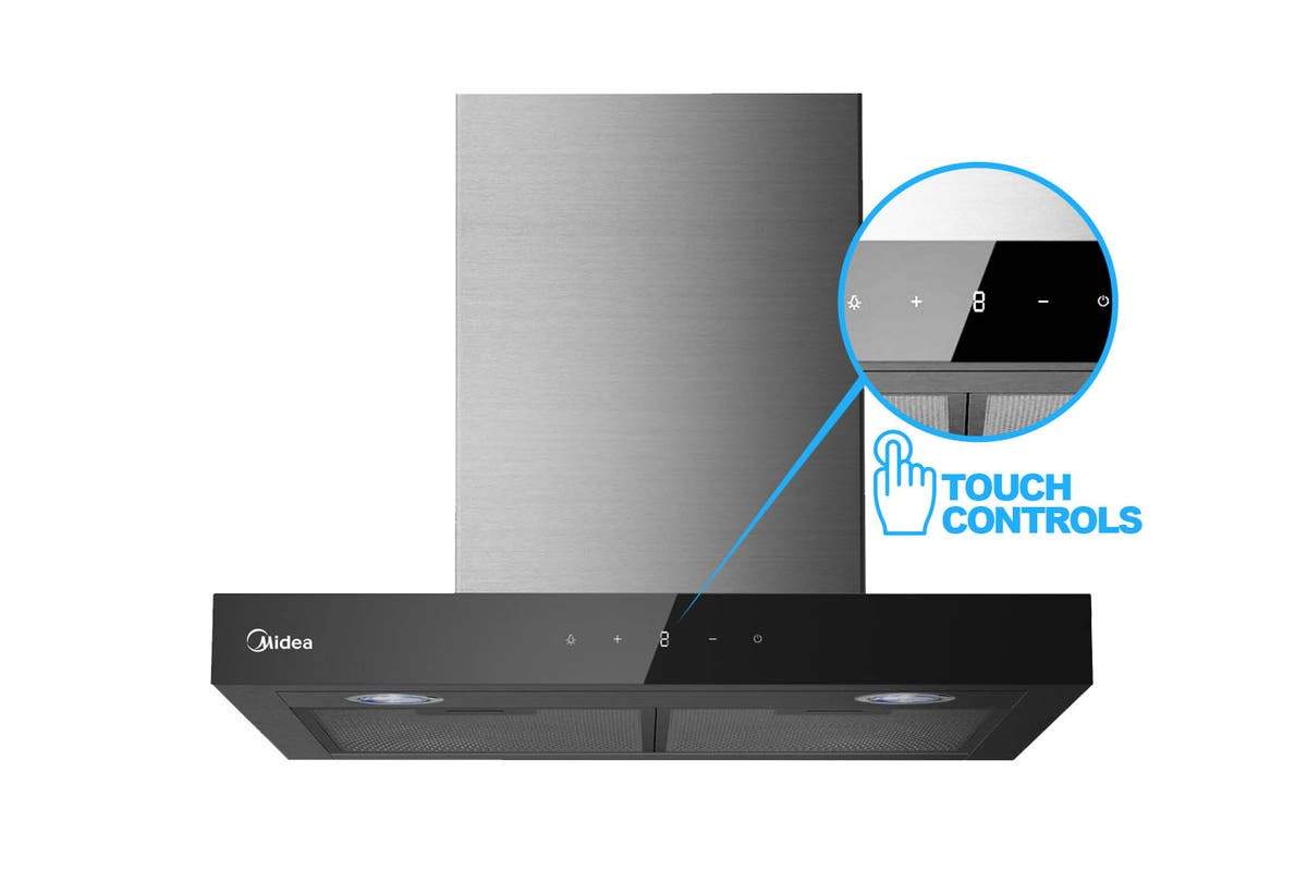 Midea 60cm T-Shape Canopy Rangehood - Stainless Steel and Black Glass Panel