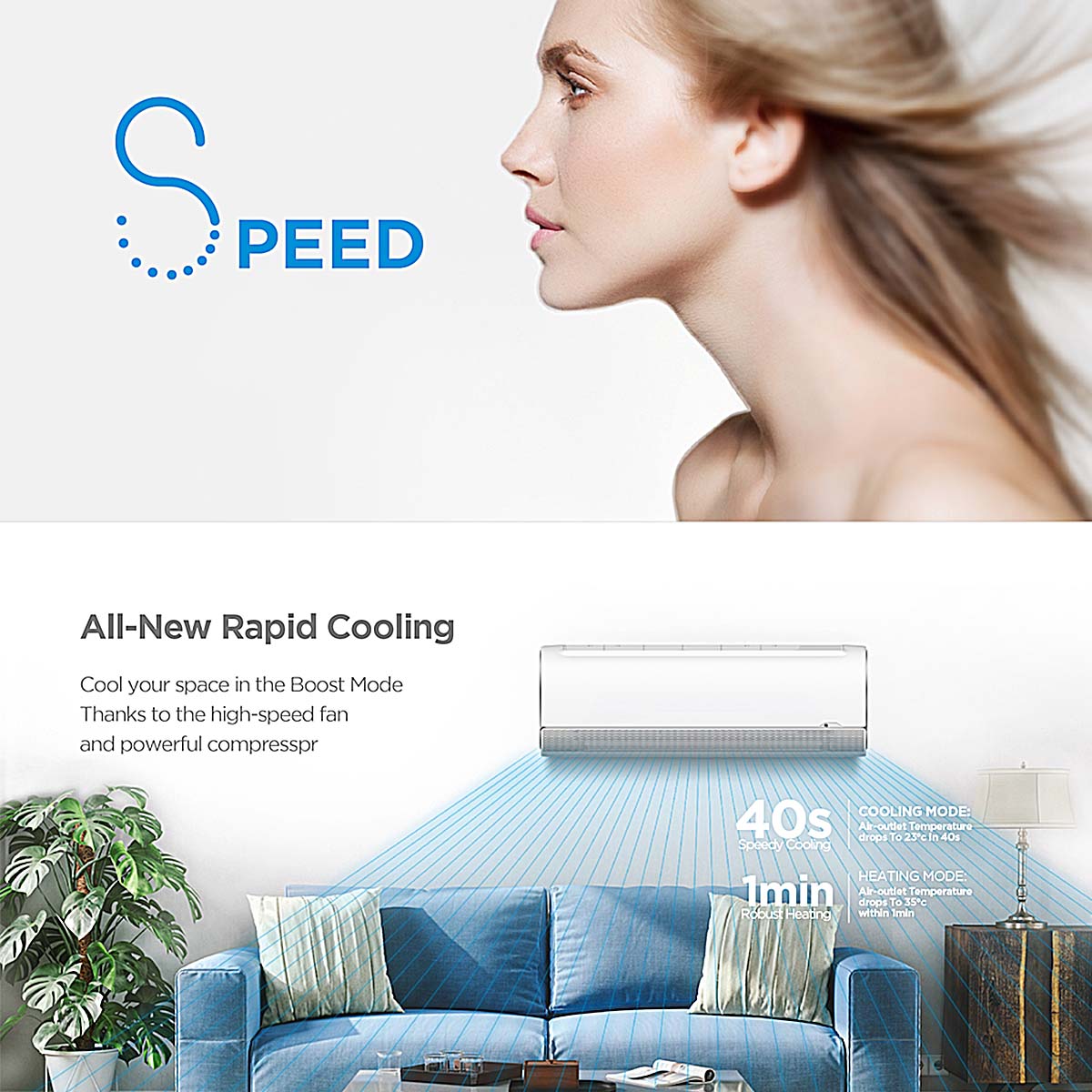 Midea Breezeless 2.6kw Split Air Conditioner 6 seconds 360 even cooling